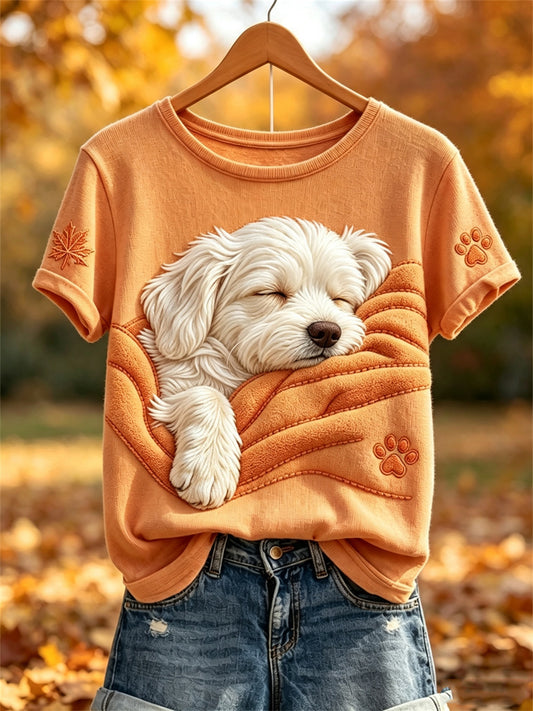 Women's Fall Cozy Sleeping Maltese Dog in Blanket Paw & Maple Leaf Print short-sleeved T-shirt