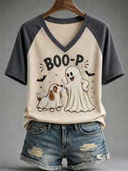 Women's Funny Boo Boo-p Dog Ghost Print Casual V-Neck Tee