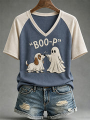 Women's Funny Boo Boo-p Dog Ghost Print Casual V-Neck Tee