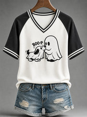 Women's Funny Boo Boo-p Dog Ghost Print Casual V-Neck Tee