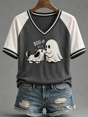 Women's Funny Boo Boo-p Dog Ghost Print Casual V-Neck Tee