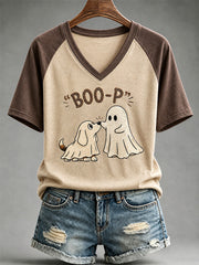 Women's Funny Boo Boo-p Dog Ghost Print Casual V-Neck Tee