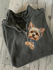 Women's Peeking Yorkshire Dog Print Zip Up Sweatshirt