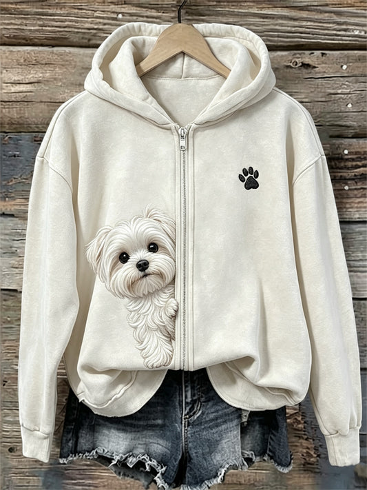 Women's Peeking Maltese Dog & Paw Print Full Zip Hoodie