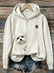 Women's Peeking Maltese Dog & Paw Print Full Zip Hoodie