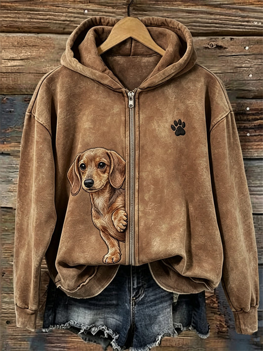 Women's Peeking Dachshund Dog & Paw Print Full Zip Hoodie