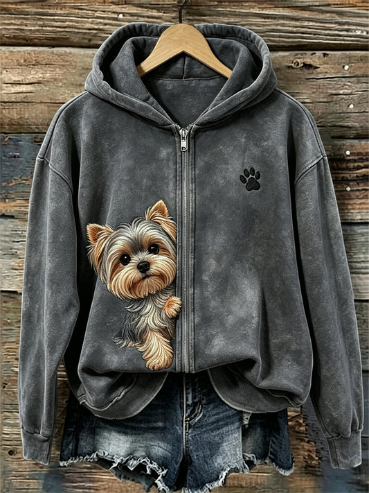 Women's Peeking Yorkshire Dog & Paw Print Full Zip Hoodie