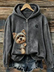Women's Peeking Yorkshire Dog & Paw Print Full Zip Hoodie
