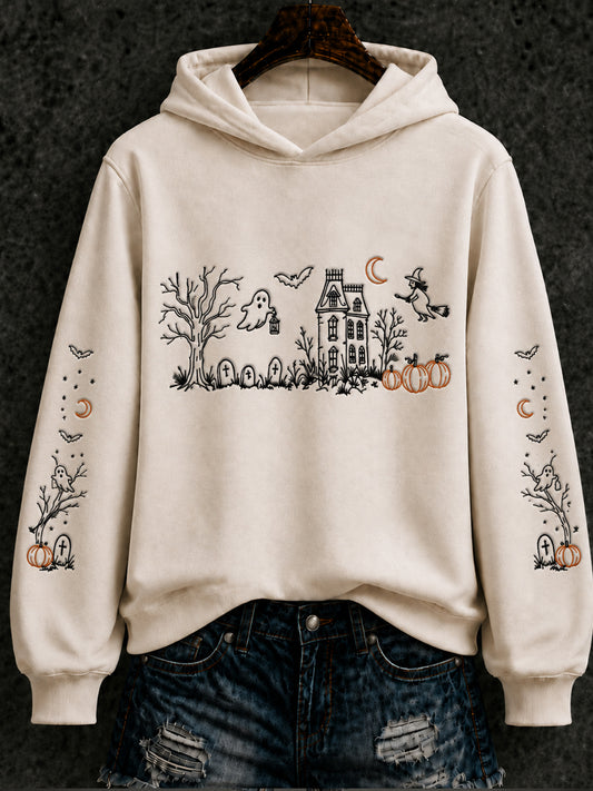 Women's Halloween Ghastly Witch Pumpkin Bat Regular Hoodie