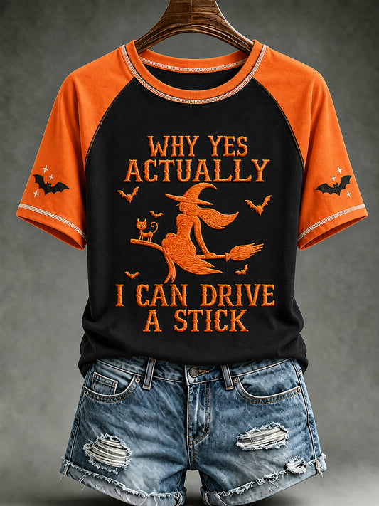 Women's Halloween Witch Black Cat Bat  I Can Drive A Stick Print Short-sleeve T-shirt