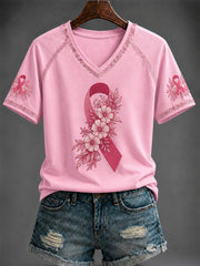Women's Breast Cancer Pink Printed V-neck T-shirt