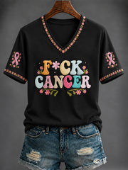 Women's Breast Cancer Pink Printed V-neck T-shirt