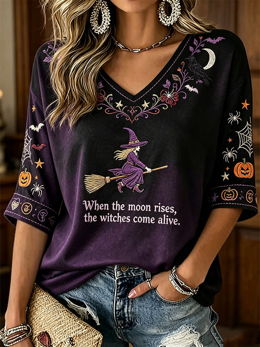 Women's Halloween Witch Element Pattern Printed Casual  Mid-length Sleeves V-Neck T-Shirt