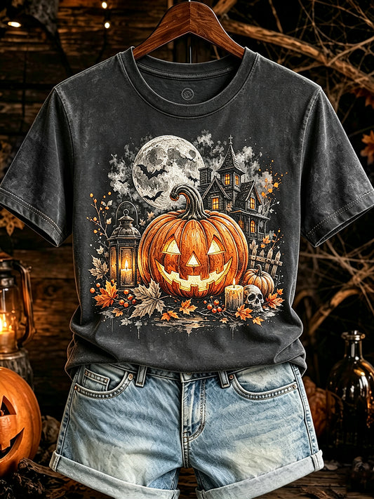 Women's Vintage Halloween Pumpkin Print Short-sleeved T-shirt