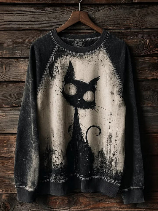 Women's Salem Witch's Familiar Black Cat Print Halloween Raglan Sweatshirt