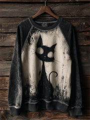 Women's Salem Witch's Familiar Black Cat Print Halloween Raglan Sweatshirt
