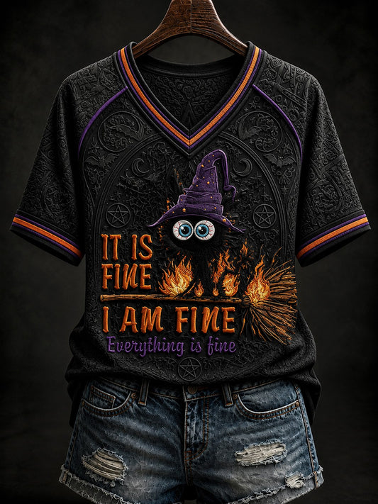 Women's It Is Fine I Am Fine Everything Is Fine Cat Halloween Printed V-neck T-shirt