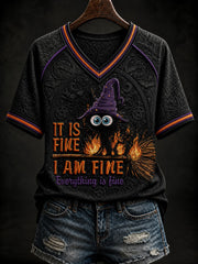 Women's It Is Fine I Am Fine Everything Is Fine Cat Halloween Printed V-neck T-shirt