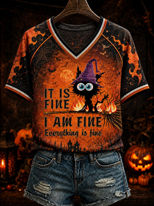 Women's It Is Fine I Am Fine Everything Is Fine Cat Halloween Printed V-neck T-shirt