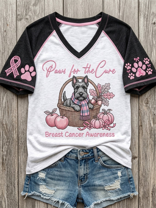 Women's Paws For The Cure Breast Cancer Awareness Dog Print V-neck Short-sleeved T-shirt