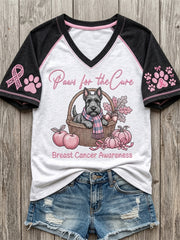 Women's Paws For The Cure Breast Cancer Awareness Dog Print V-neck Short-sleeved T-shirt