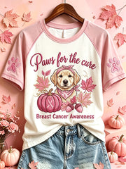 Women's Paws For The Cure Breast Cancer Awareness Dog Print Comfy Short-sleeved T-shirt