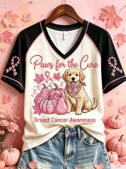 Women's Paws For The Cure Breast Cancer Awareness Dog Print V-neck Short-sleeved T-shirt