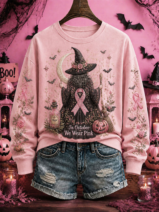Women's Breast Cancer Awareness Halloween Witch-Themed Casual Regular Sweatshirt