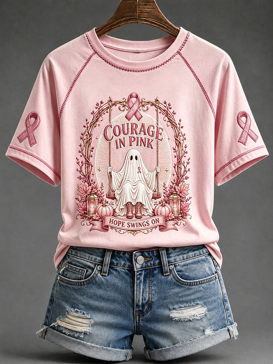 Women's Courage in Pink Ghost Print Round Neck Short Sleeve T-shirt