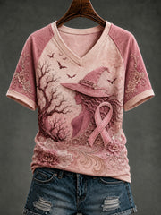 Women's Breast Cancer V-neck Off-shoulder Short-sleeved T-shirt