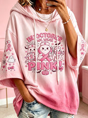 Women's Breast Cancer Theme Halloween Elements Pattern Printed Casual Hoodie