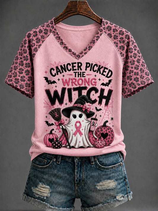 Women's Breast Cancer "CANCER PICKED THE WRONG WITCH" Printed V-neck T-shirt