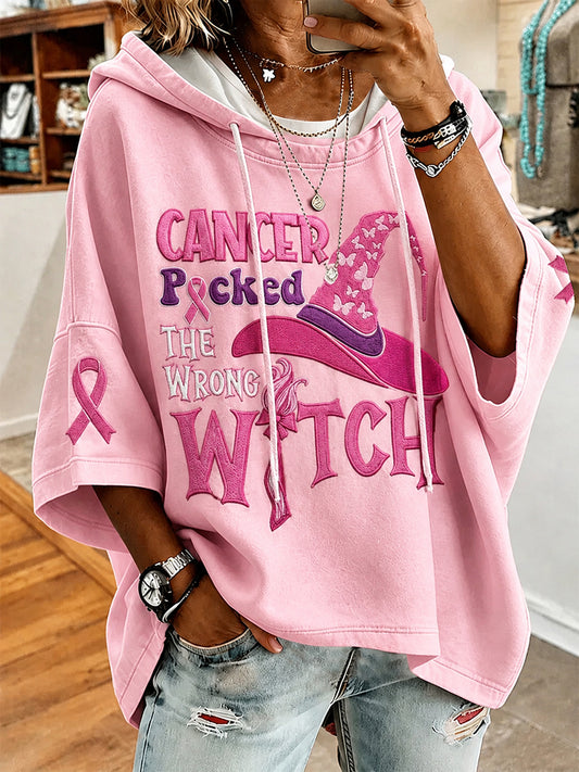 Women’s Breast Cancer “CANCER  Picked  THE  WRONG  WITCH” Printed Short-Sleeve Hoodie