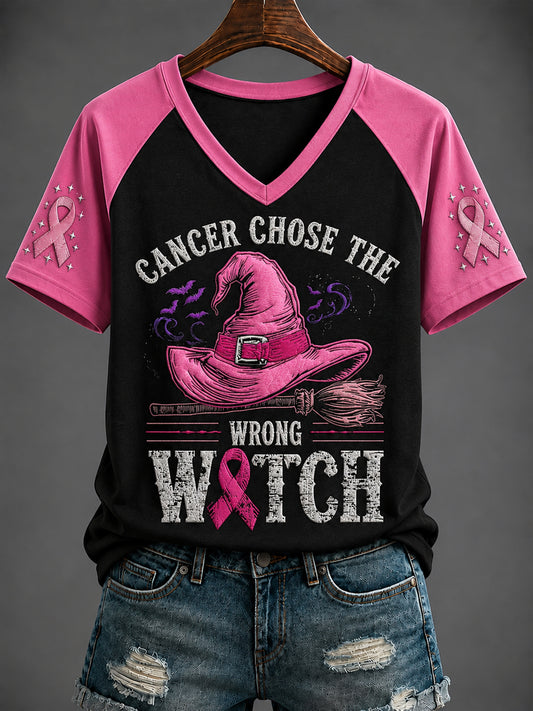 Women's Breast Cancer "CANCER CHOSE THE WRONG WITCH" Printed V-neck T-shirt