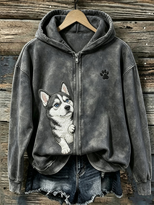 Women's Peeking Husky Dog & Paw Print Full Zip Cozy Hoodie