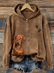 Women's Funny Helpless Dachshund Dog & Paw Print Full Zip Cozy Hoodie