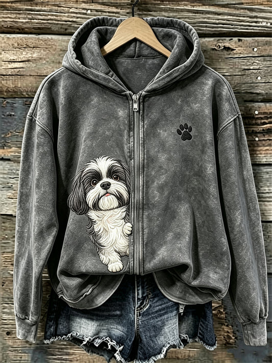 Women's Peeking Shih Tzu Dog & Paw Print Full Zip Cozy Hoodie