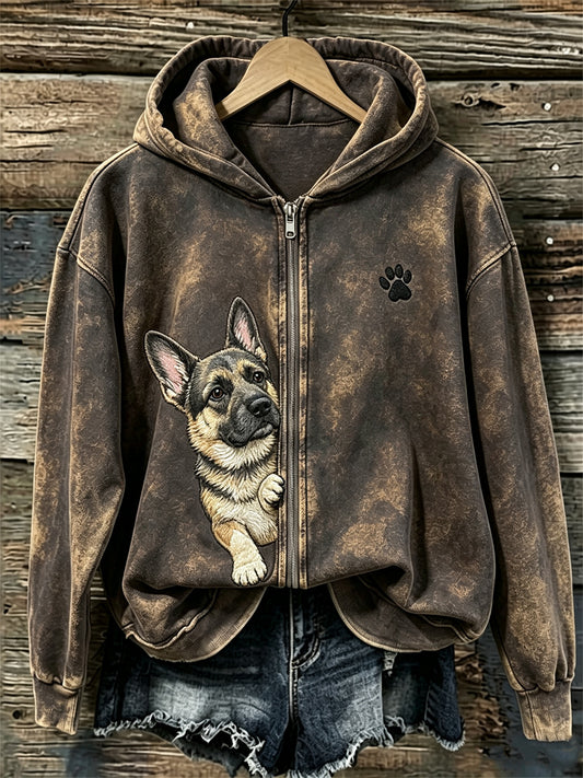 Women's Peeking German Shepherd Dog & Paw Print Full Zip Cozy Hoodie