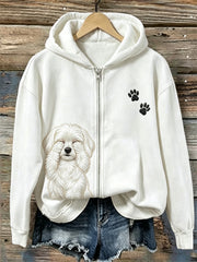 Women's Funny Helpless Maltese Dog & Paw Print Full Zip Cozy Hoodie