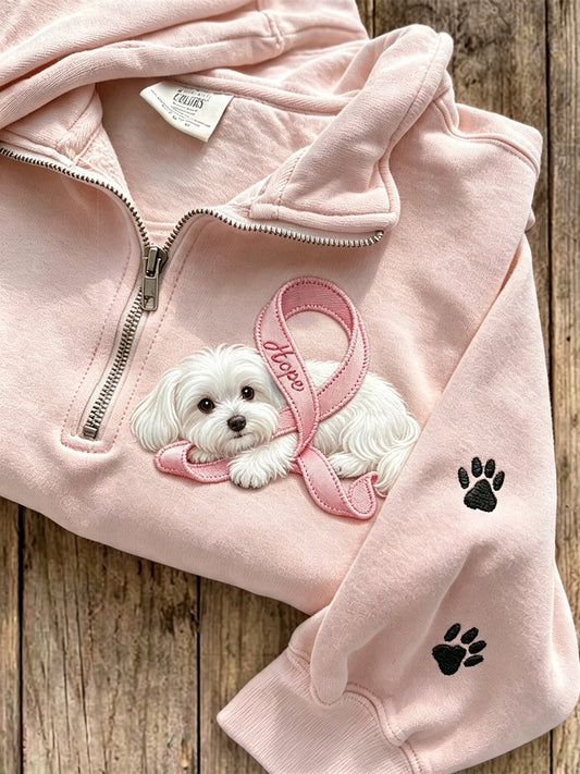 Women's Hope Pink Ribbon Maltese Dog & Paw Prints Zip Up Sweatshirt