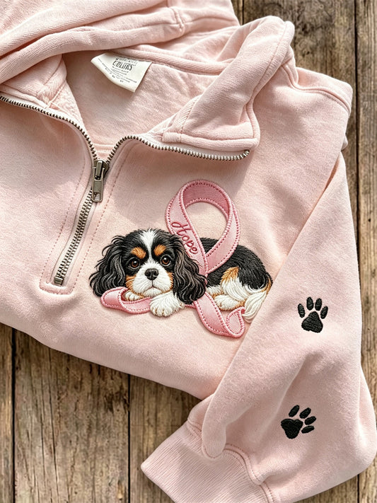 Women's Hope Pink Ribbon King Charles Dog & Paw Prints Zip Up Sweatshirt