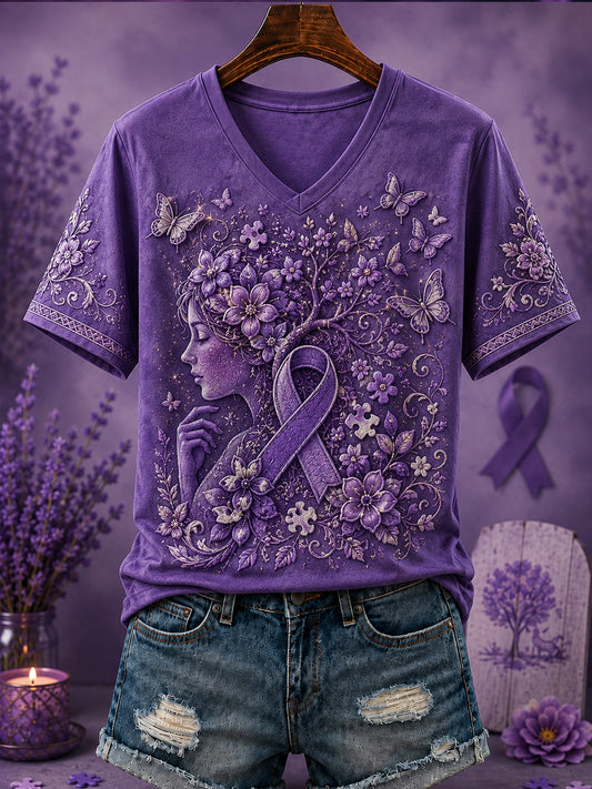 Women's Purple Flora Art Printed V-neck T-shirt