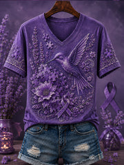 Women's Purple Flora Art Printed V-neck T-shirt