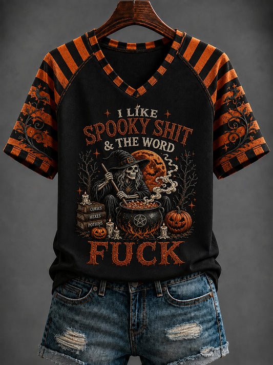 Women's Halloween “I LIKE SPOOKY SHIT & THE WORD FUCK” Printed V-neck T-shirt