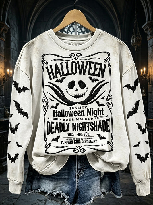 Women's Vintage Halloween Wine Spooky Face Gothic Print Sweatshirt