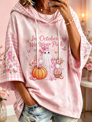 Women’s Breast Cancer Theme Halloween Elements Pattern Printed Casual Hoodie