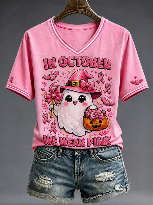Women's Breast Cancer Prevention and Awareness Pink October V-neck Short Sleeve T-shirt