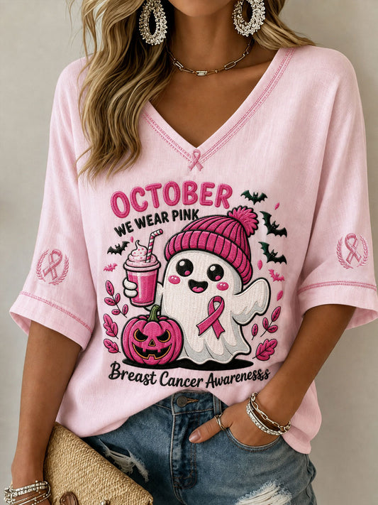 Women's Breast Cancer Prevention Awareness Pink October Mid-length Sleeves V-Neck T-Shirt