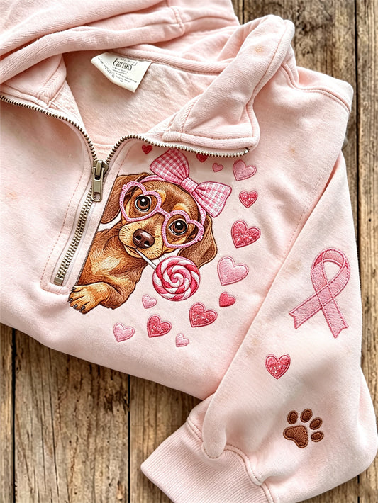 Women's Breast Cancer Themed Cute Dog Pattern Printed Casual Half Zipper Sweatshirt