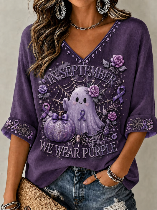 Women's In September We Wear Purple Mid-length Sleeves V-Neck T-Shirt